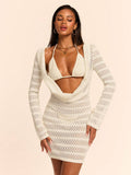 Fit view of Women's Solid Color Draped Neck Long Sleeve Summer Dress Set with Keyhole Detail for women outfit styling