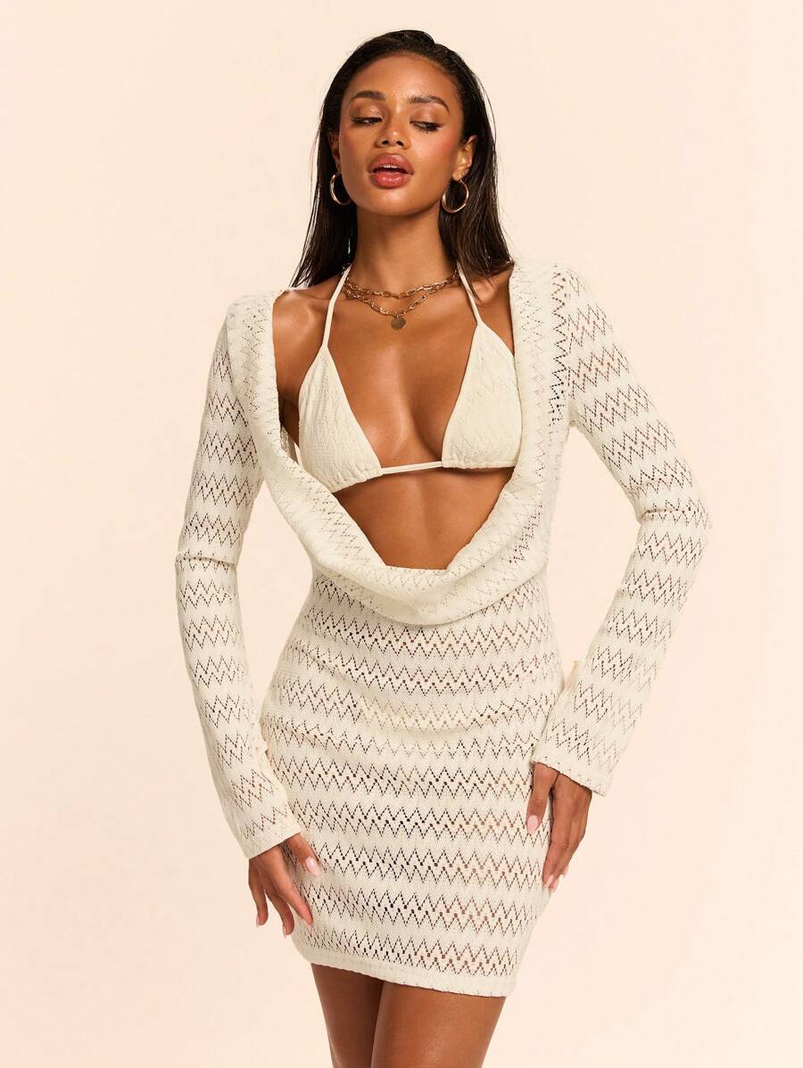 Fit view of Women's Solid Color Draped Neck Long Sleeve Summer Dress Set with Keyhole Detail for women outfit styling