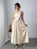 Front view of apricot collared V-neck maxi dress with flowing A-line skirt