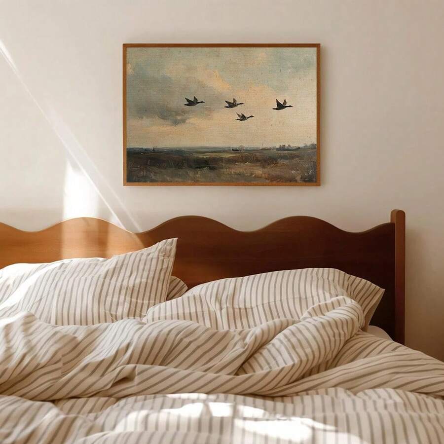 Product view of vintage flying ducks landscape wall art with ornate gold frame