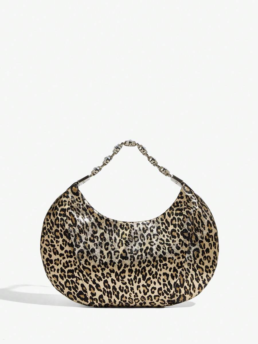 Back view of stylish bling leopard print top handle bag for elegant evening events and parties with leopard print, bling finish, top handle for party styling
