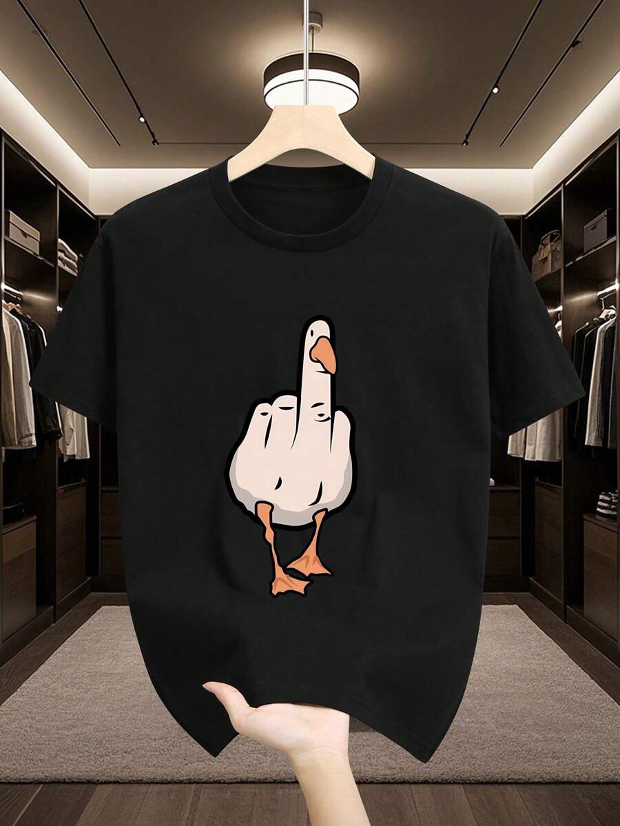 Bring some fun to your everyday look with this men's casual short sleeve t-shirt featuring a quirky cartoon goose print. The trendy crew neck design ensures comfort and style, making it perfect for laid-back outings or relaxed weekends. Lightweight and easygoing, this tee adds a playful twist to your wardrobe while keeping things effortlessly cool.