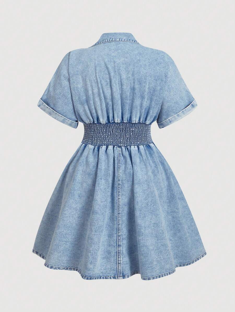 Front product view of light acid-wash denim mini dress with pleated hem