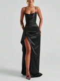 Red satin gown front view with fitted silhouette and high slit