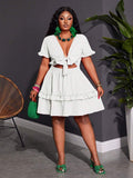 Close-up view of plus size fuchsia ruffle mini dress - casual & romantic two-piece set for vacations with mini dress silhouette, plus size fit for summer casual wear