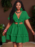 Close-up view of plus size fuchsia ruffle mini dress - casual & romantic two-piece set for vacations with mini dress silhouette, plus size fit for summer casual wear
