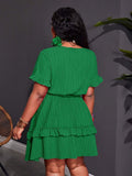 Close-up view of plus size fuchsia ruffle mini dress - casual & romantic two-piece set for vacations with mini dress silhouette, plus size fit for summer casual wear