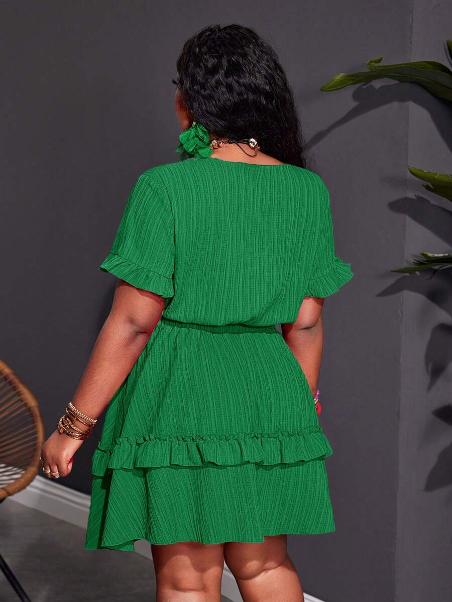 Close-up view of plus size fuchsia ruffle mini dress - casual & romantic two-piece set for vacations with mini dress silhouette, plus size fit for summer casual wear