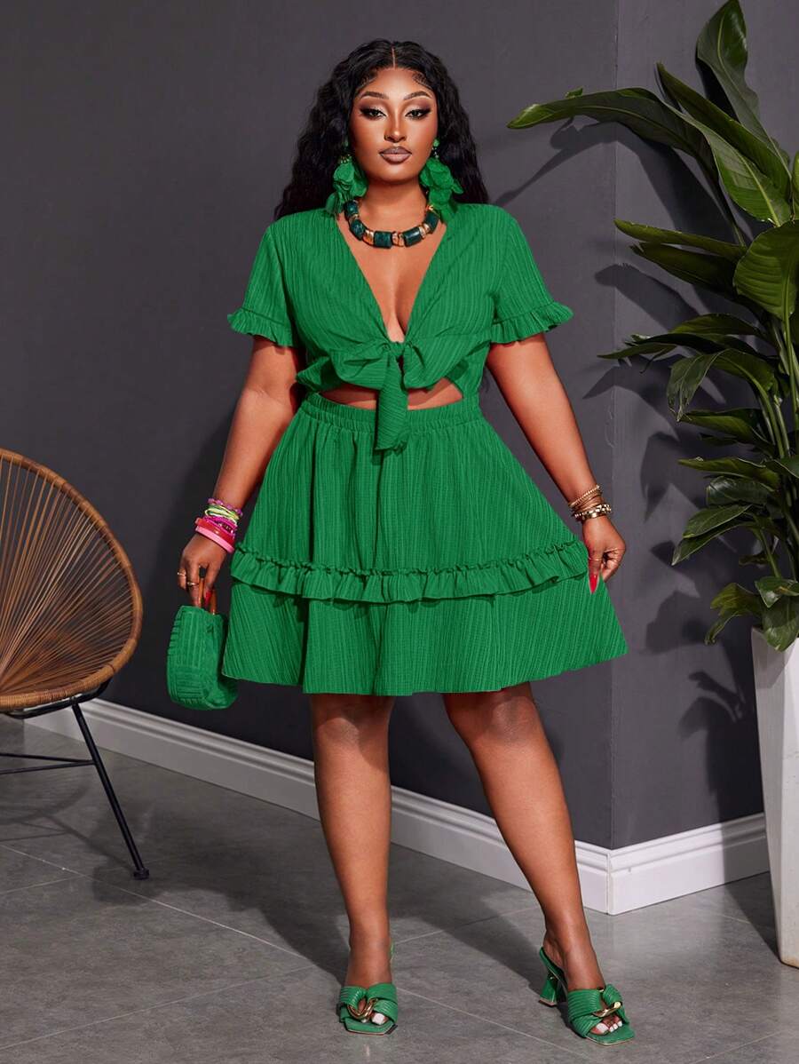 Close-up view of plus size fuchsia ruffle mini dress - casual & romantic two-piece set for vacations with mini dress silhouette, plus size fit for summer casual wear