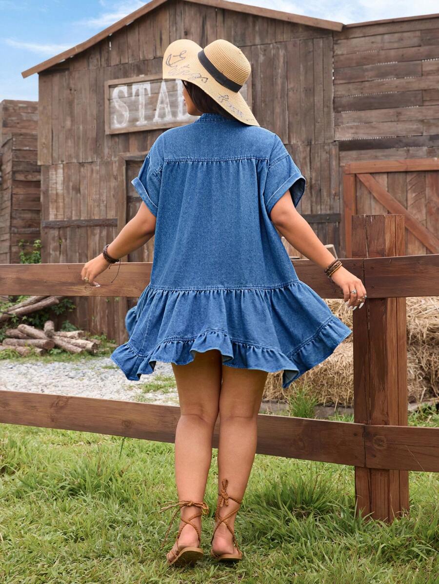 Step into sunshine-ready style with this playful plus size summer dress. Crafted from soft denim, its flattering V-neck and flirty ruffle hem add a breezy, casual vibe perfect for warm days. Easy to wear and effortlessly chic, this dress lets you dance through picnics, errands, or beachside walks with comfort and confidence.