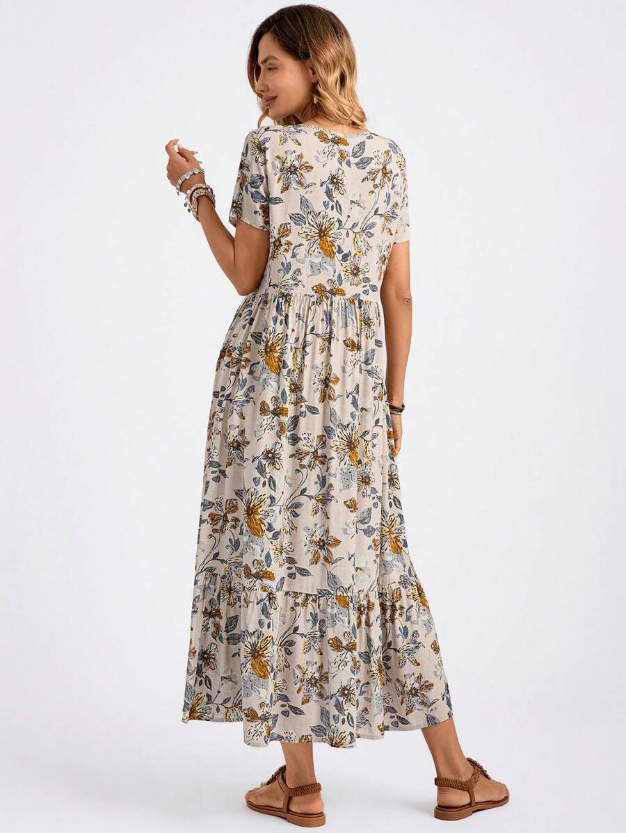 Effortlessly channel summer vibes with our Chic Floral Print Tie Neck Ruffle Hem Cover-Up Dress. The playful floral design, tie neck, and ruffle hem add a touch of quirkiness to your wardrobe. Perfect for any summer occasion, this dress will have you looking chic and feeling stylish.