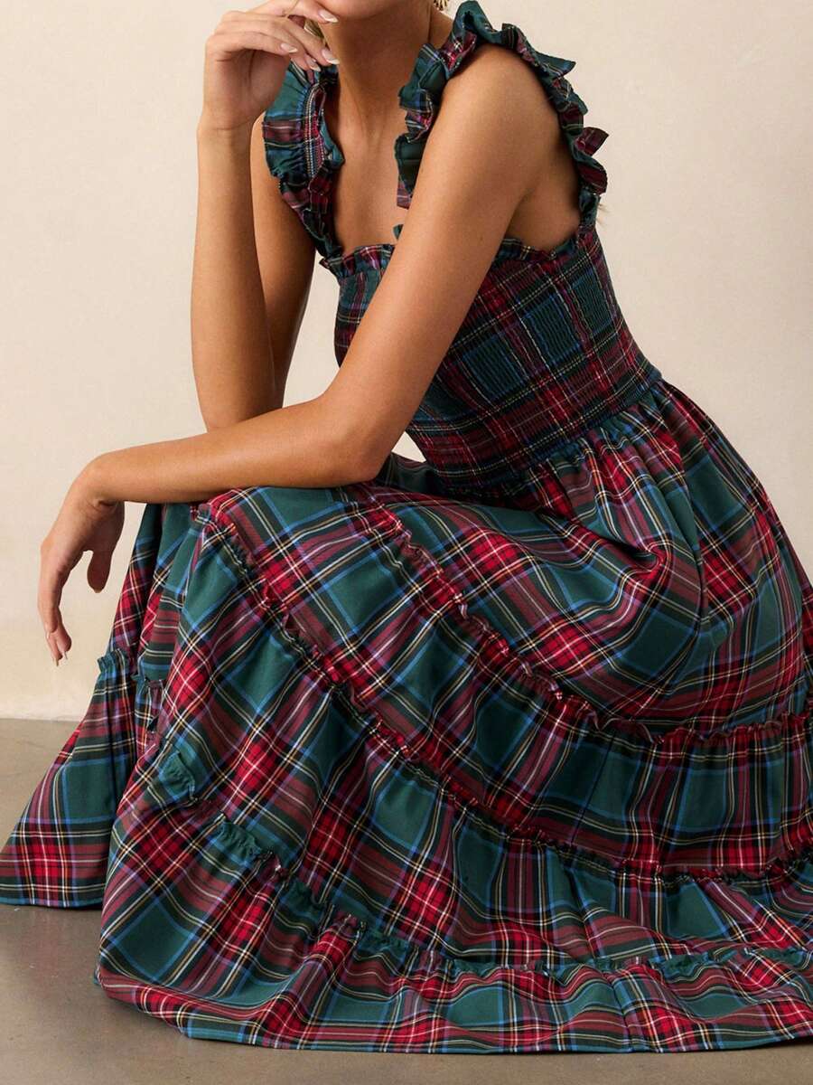 Experience the breathtaking fusion of heritage seasonal artistry and sharp, modern architectural tailoring. This stunning ruffle-strap ensemble is meticulously designed for the woman who values a high-fashion, "quiet luxury" approach to winter dressing—the ultimate centerpiece for prestigious holiday retreats, exclusive winter soirées, and high-authority festive celebrations.