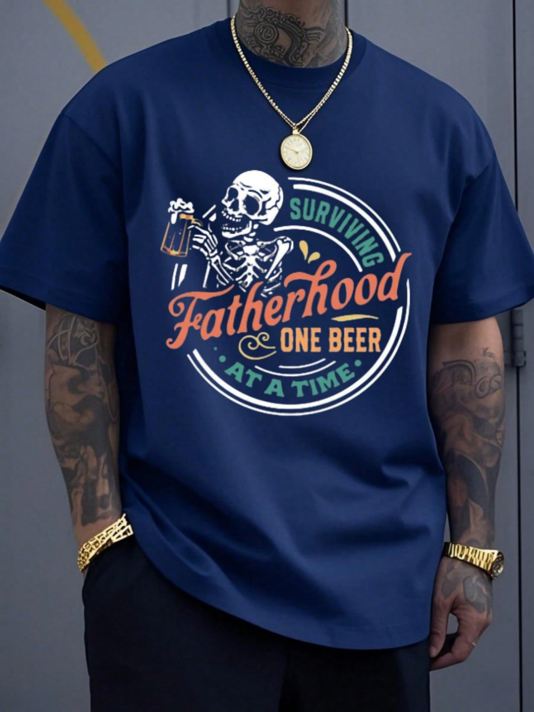 Dads, show off your survival skills with our Surviving Fatherhood Athletic T-Shirt. Made with heavyweight cotton, this tee features a skeleton design holding a beer mug, adding a touch of humor to your everyday look. Perfect for all your dad adventures. Cheers!