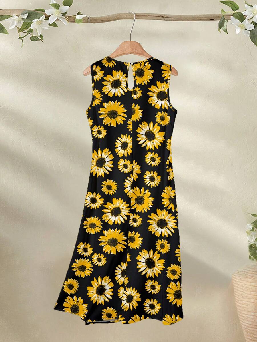 Enjoy the summer vibes with this A-Line dress featuring a playful floral design. The sleeveless round neck adds a touch of casual elegance, perfect for any occasion. Made from lightweight and breathable fabric, this dress is both stylish and comfortable. Show off your fashion sense with this must-have piece from our Casual Collection.