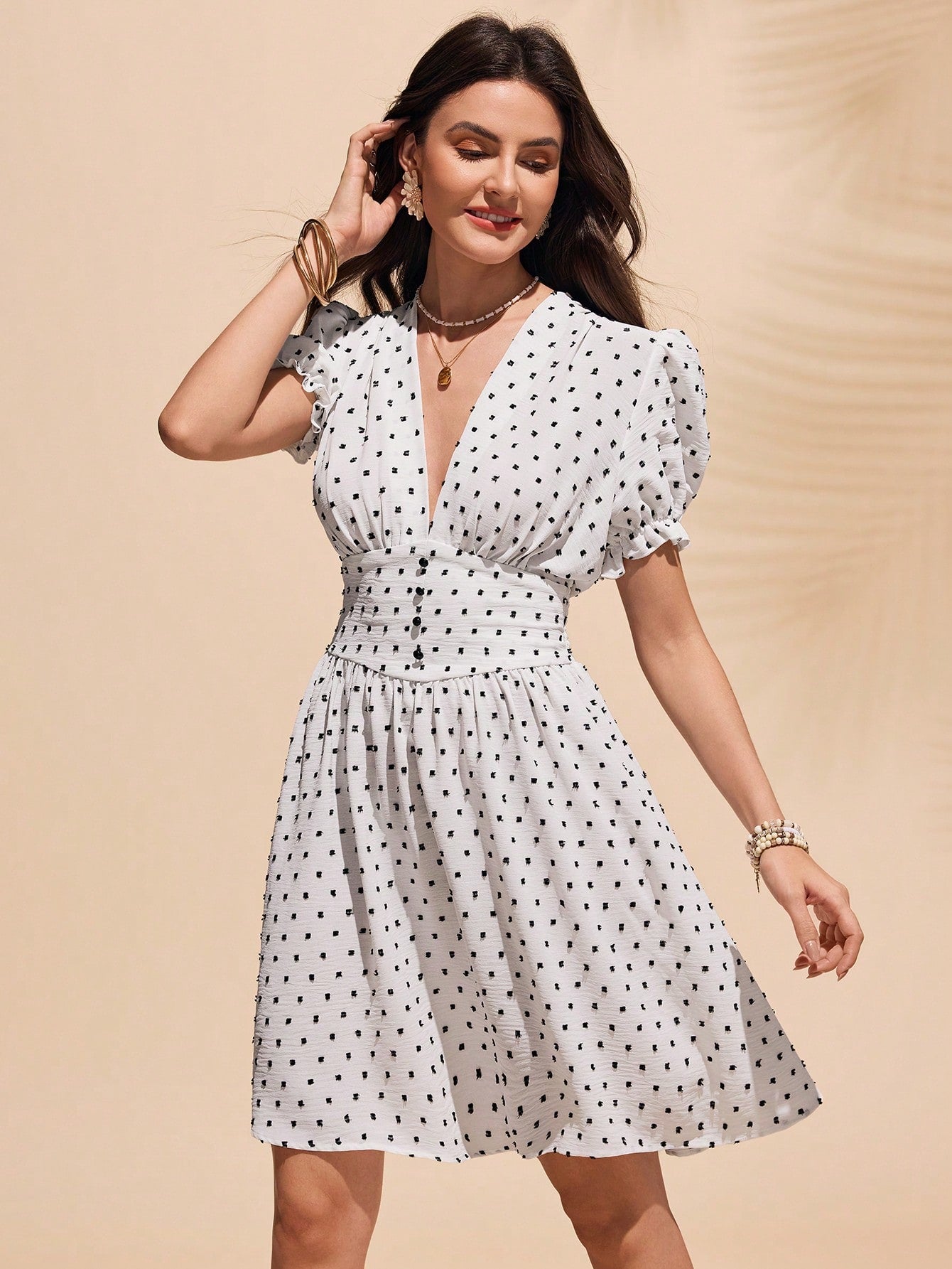 Women's Classic Polka Dot Mini Dress with a Deep V-Neck for a Stylish