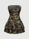 Close-up of tiered peplum detail on fitted party mini dress