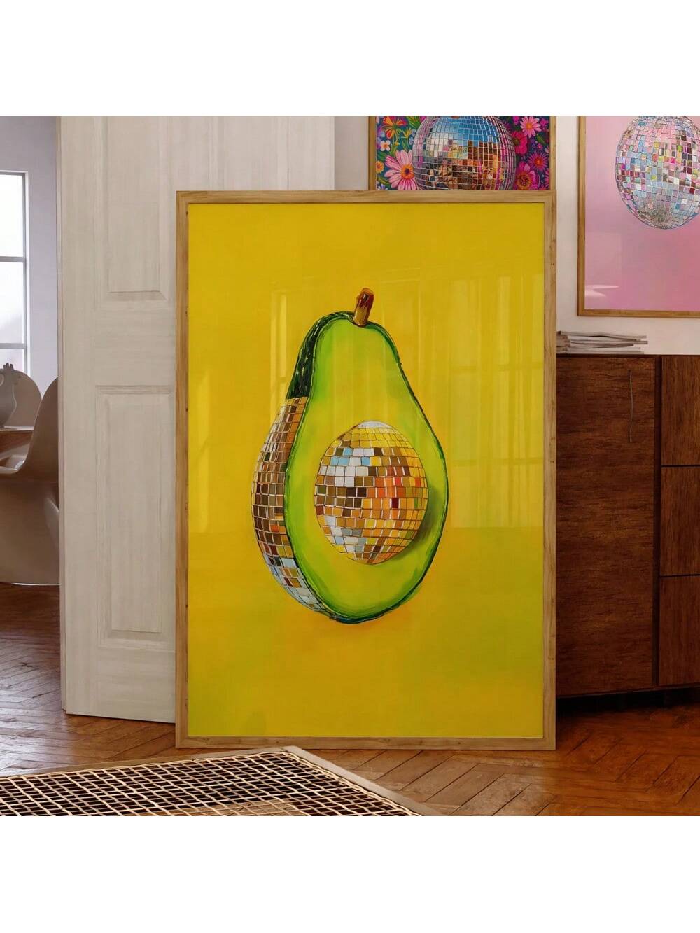 Add a splash of fun and flavor to your kitchen with this Modern Avocado Disco Ball Wall Art. Combining minimalist design with a playful disco vibe, this vibrant poster brightens any space with its quirky charm. Perfect for those who love a fresh twist on decor, it turns your kitchen into a lively, stylish spot where good vibes and great taste meet.
