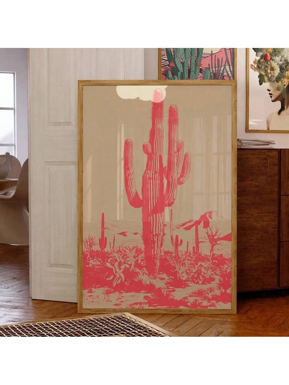 Bring a splash of southwestern charm to your space with this stunning vintage pink Mexican desert poster. Its playful hues and timeless design capture the serene beauty of the desert landscape, perfect for adding warmth and character to any room. Unframed for easy customization, this wall art print invites you to showcase your unique style with a touch of retro flair.