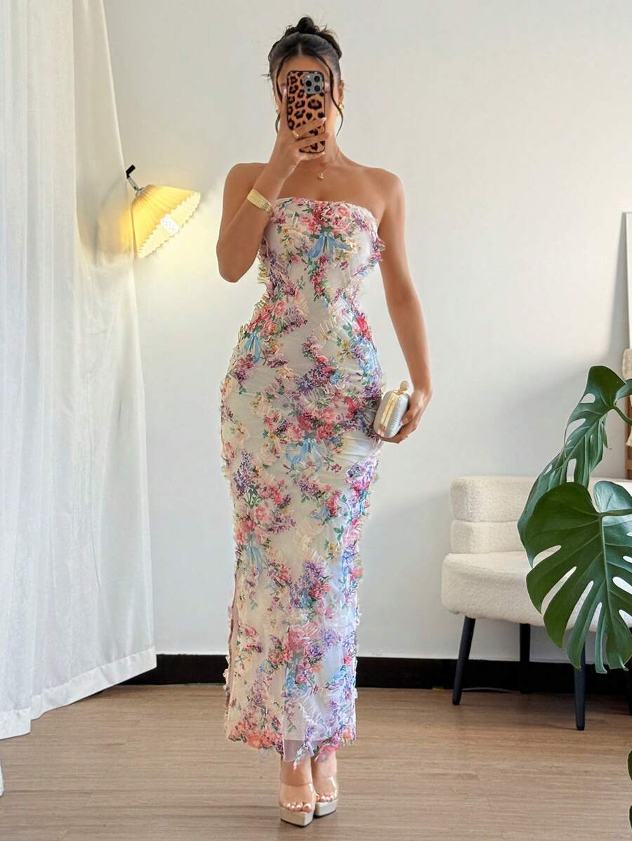 Unleash your inner elegance in our Chic 3D Mesh Print Ruched Waist Bodycon Dress. The intricate print adds dimension while the ruched waist creates a flattering silhouette. With a subtle leg slit, this dress is perfect for any sophisticated woman. Elevate your style game now!