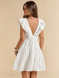 Back view white mini dress with open V back ruffle straps and flared hem