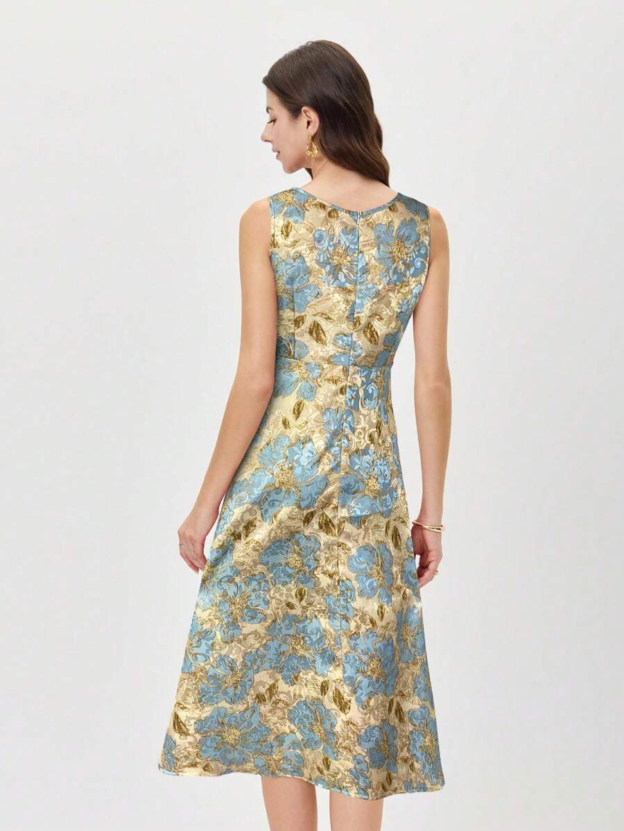 Unleash your playful side with this elegant yet quirky mid-length floral jacquard dress. The sleeveless design features a round neck, perfect for any occasion. Stand out in style with this unique dress!