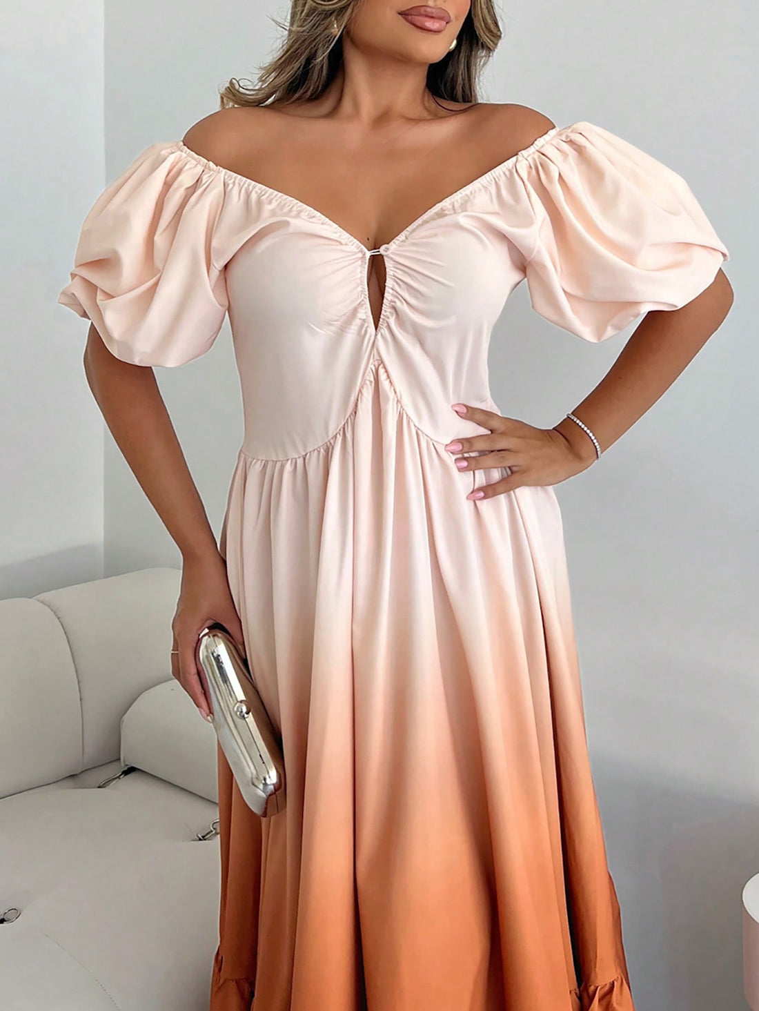 Turn heads this summer in our Elegant Apricot-Orange Gradient Maxi Dress. Featuring charming retro puff sleeves and a daring deep V-back, this dress blends vintage vibes with a fresh, playful twist. The smooth gradient from apricot to orange adds warmth and sunshine to your look, perfect for sunny days and breezy evenings. Flowy and flattering, it’s your go-to dress for effortless style and spirited summer fun.
