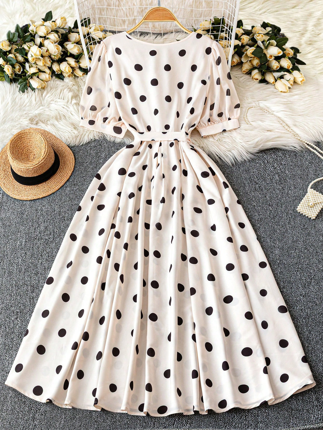 Step out in style with this Elegant Plus Size V-Neck Midi Dress, featuring a charming polka dot pattern that adds a playful touch to your look. Designed for comfort and confidence, its flattering V-neck and flowing midi length make it perfect for any casual occasion. Embrace effortless elegance and let your personality shine in this fun, flattering dress made just for you.