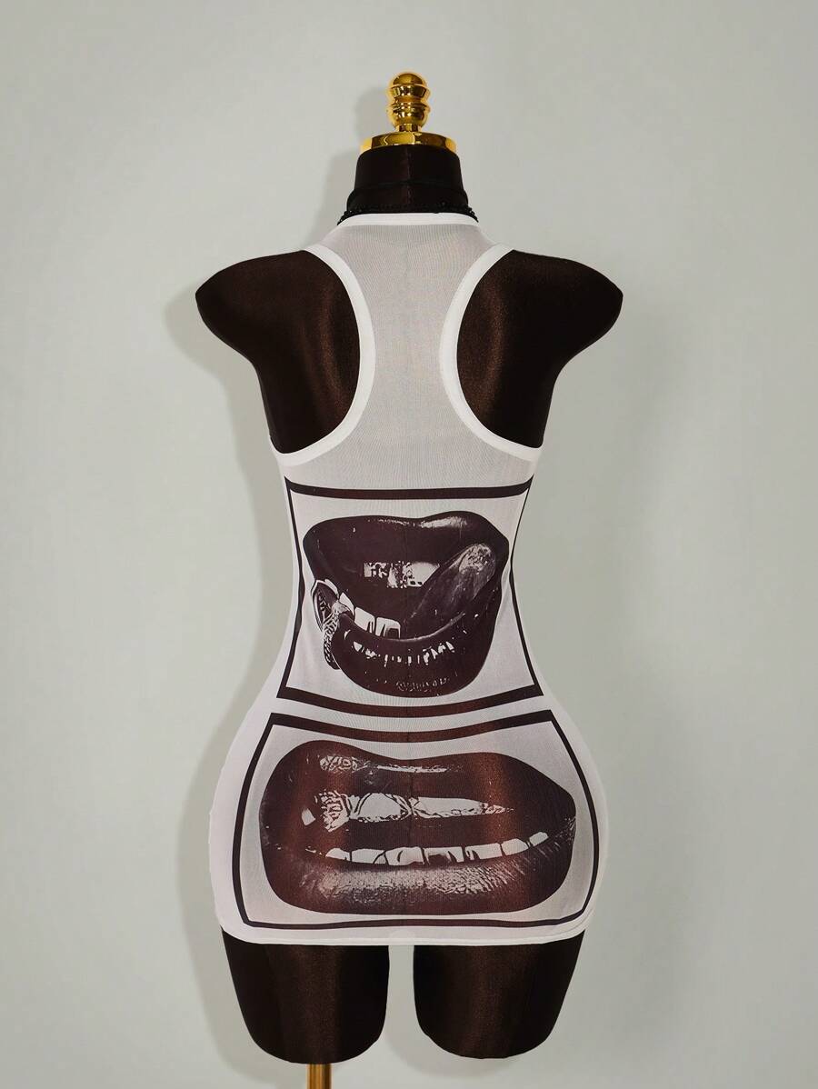 White lip graphic racerback bodycon mini dress rear view