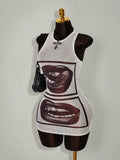 White lip graphic mesh bodycon mini dress angled front view