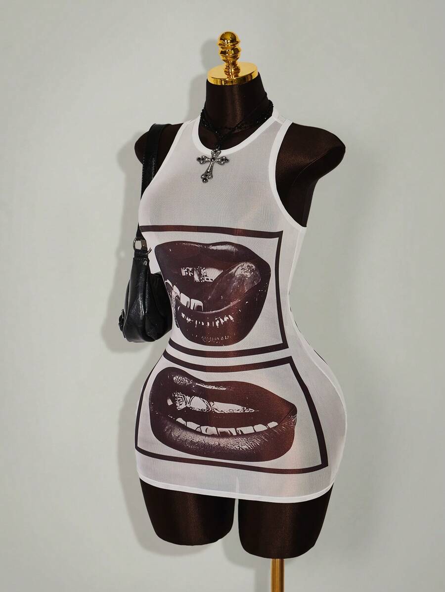 White lip graphic mesh bodycon mini dress angled front view