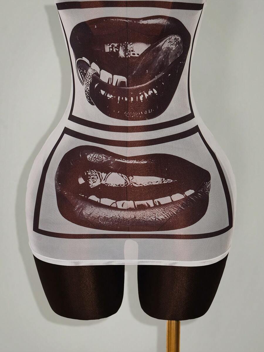 White semi-sheer bodycon mini dress with black lip graphic front view