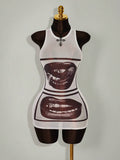 White semi-sheer bodycon mini dress with black lip graphics front view