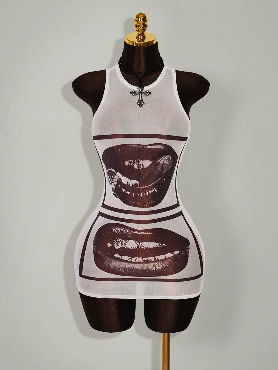 White semi-sheer bodycon mini dress with black lip graphics front view