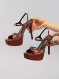 Brown crisscross platform sandal view 1 with open toe and ankle strap