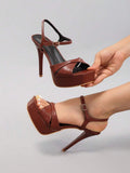 Brown crisscross platform sandal view 2 with open toe and ankle strap
