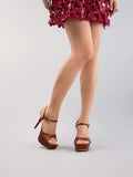 Brown crisscross platform sandal view 3 with open toe and ankle strap
