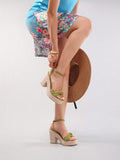 5 media show olive green and natural beige platform sandals with linen-look knotted front strap, ankle strap gold buckle, espadrille rope platform, chunky block heel, open toe. image 5