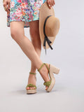5 media show olive green and natural beige platform sandals with linen-look knotted front strap, ankle strap gold buckle, espadrille rope platform, chunky block heel, open toe. image 3