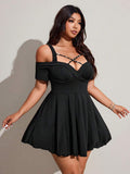 Image 1 - front view of Chic Plus Size Black Lace Bodycon Dress for Effortless Spring/Summer Style