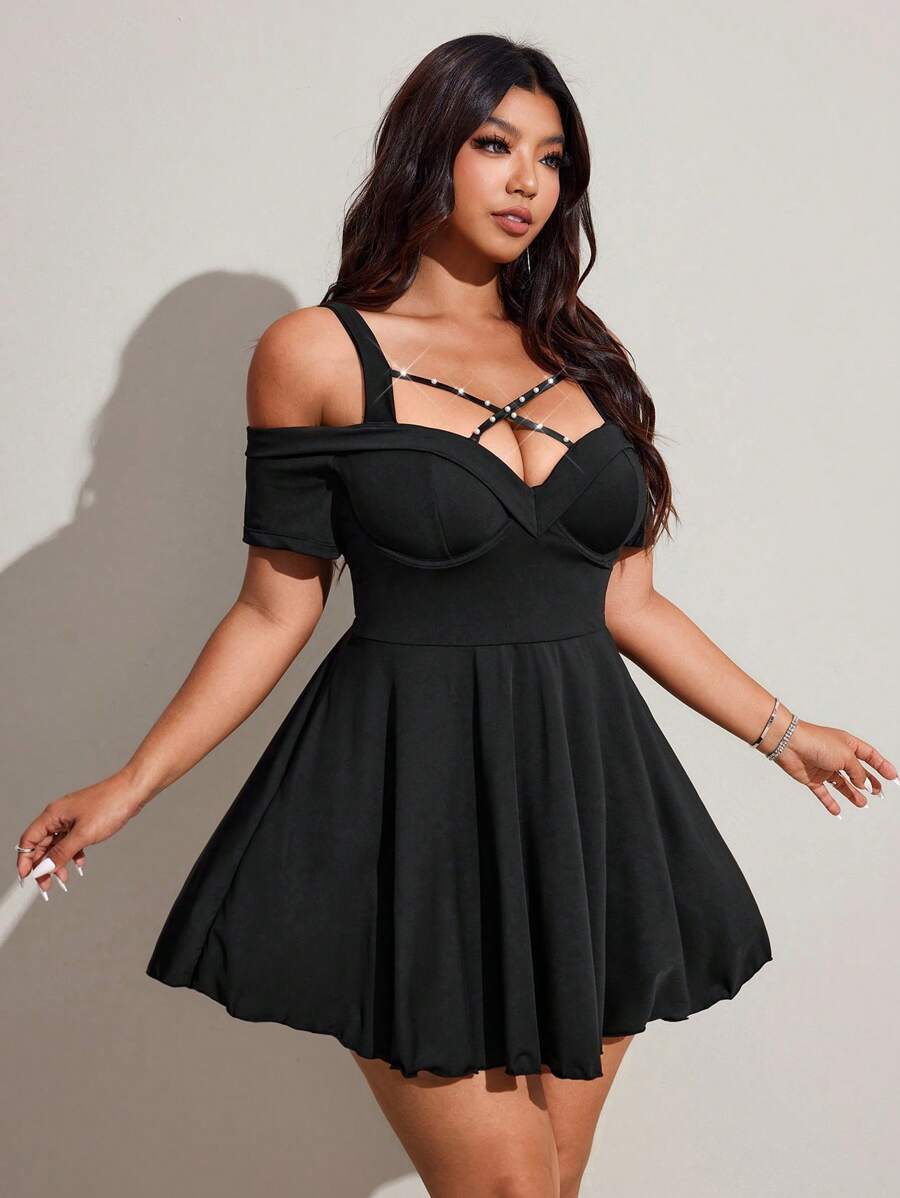 Image 1 - front view of Chic Plus Size Black Lace Bodycon Dress for Effortless Spring/Summer Style