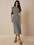 Black white striped sleeveless knit midi dress front view