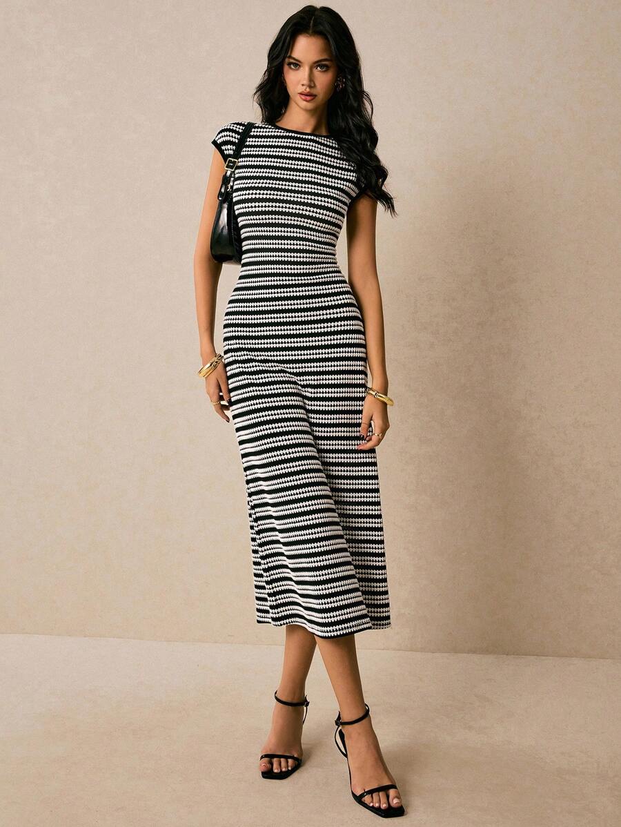 Black white striped sleeveless knit midi dress front view
