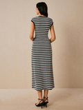 Black white striped sleeveless knit dress back view