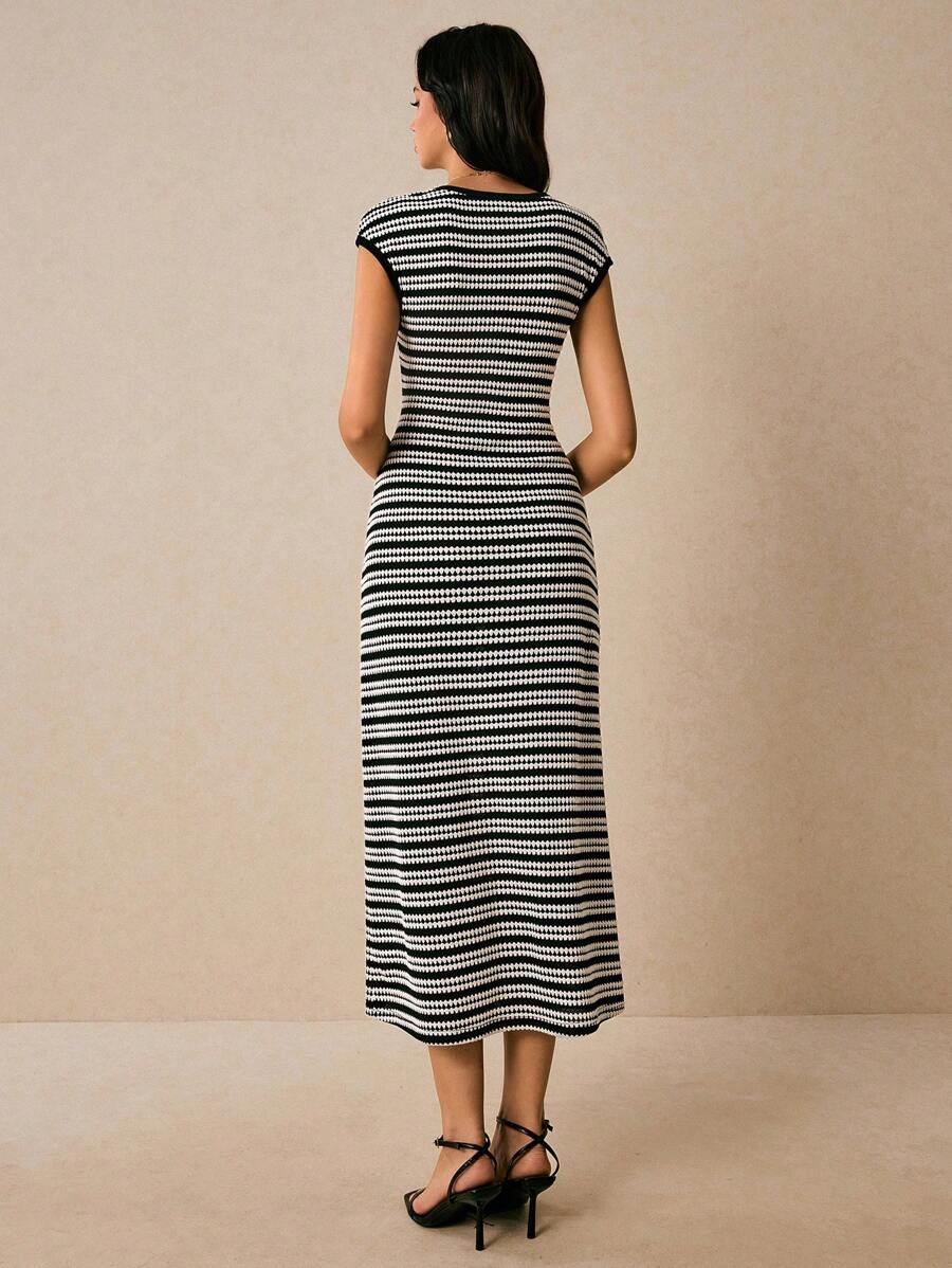 Black white striped sleeveless knit dress back view