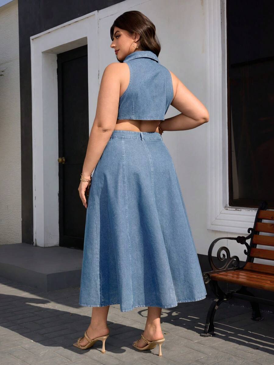 Get summer-ready with this trendy plus size sleeveless denim dress, designed to keep you cool and confident. The single button waist cinches just right, adding a playful touch while flattering your silhouette. Perfect for sunny days and effortless style, this dress is your go-to for casual fun and easy chic.