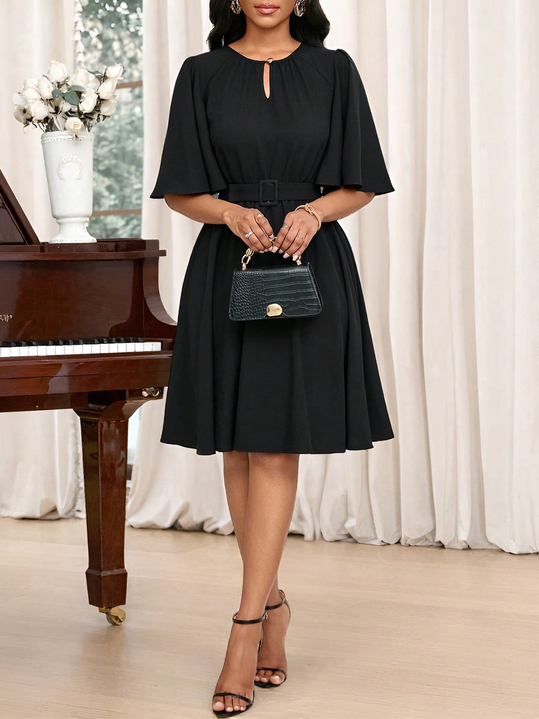 Feel classy and chic in our Elegant Waist-Cinched Mid-Length Dress for Women. This timeless dress features a flattering waist-cinched design and a solid color for a versatile fashion statement. Elevate your style with this must-have piece!