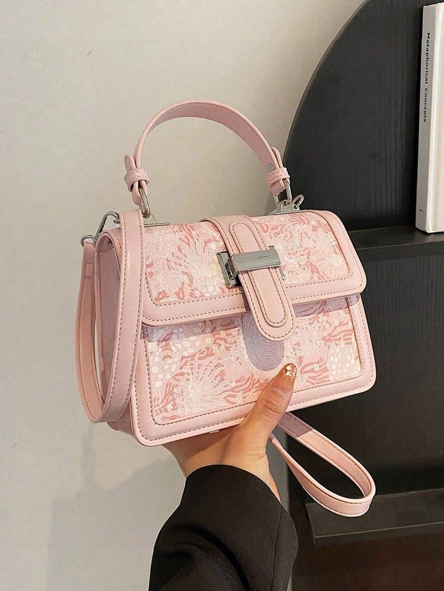 Gray lilac floral crossbody handbag with silver hardware