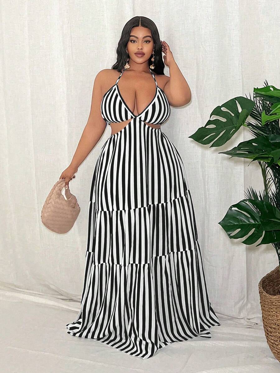 Turn heads in this bold plus-size maxi dress that celebrates confidence and curves. The striking striped pattern pairs perfectly with the daring backless halter design, while the hollow waist cutout adds an unexpected touch of allure. Flowy fabric drapes beautifully to the floor, creating an effortlessly chic silhouette that works for nights out or special occasions. Comfortable, flattering, and unapologetically sexy—this dress is your new go-to statement piece.