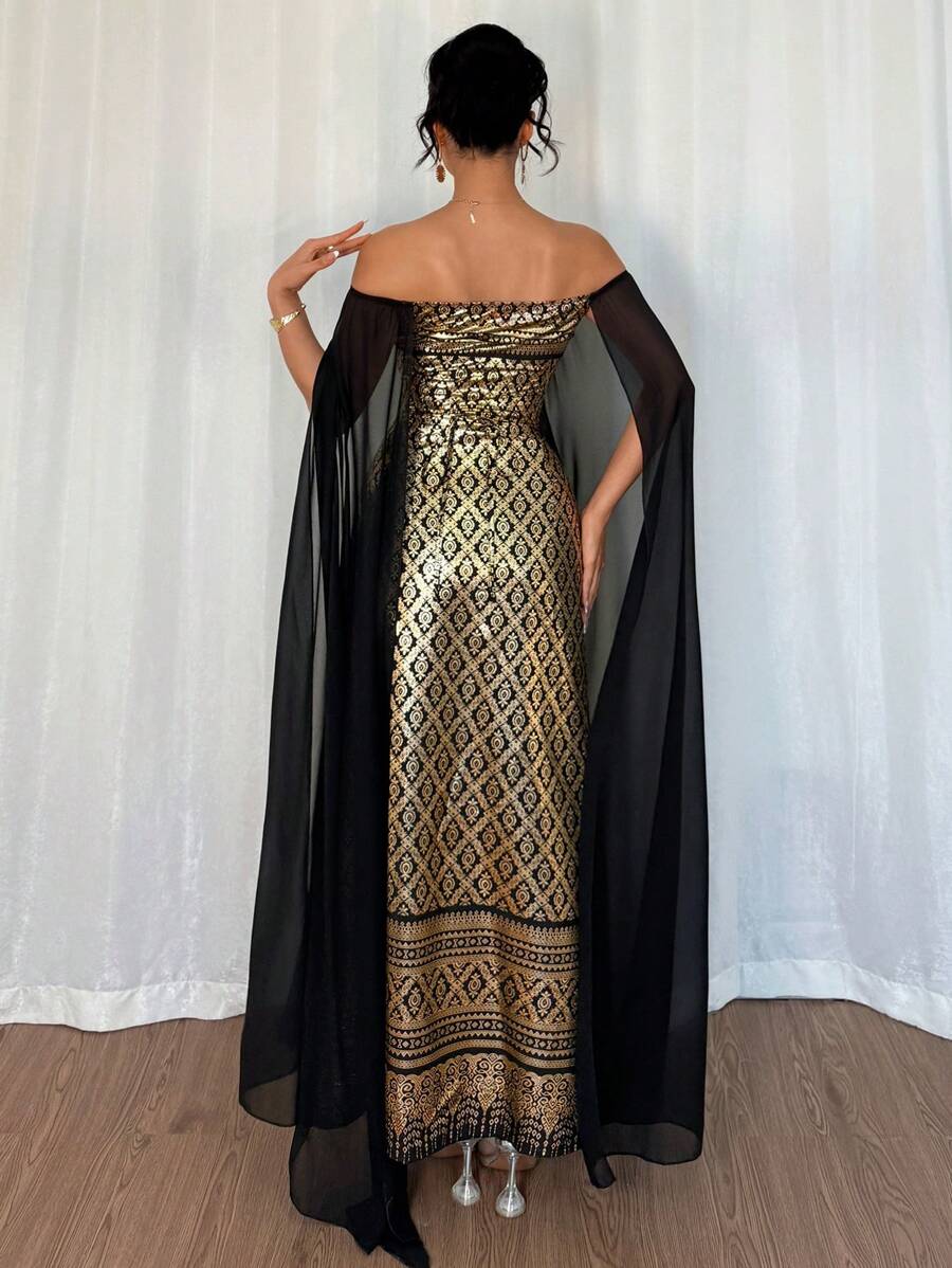 Stand out with our Elegant Black and Gold Off-Shoulder Long Sleeve Fitted Dress. This stylish dress will hug your curves and make you feel like a queen. Perfect for a night out or a special occasion. Shine bright and be the center of attention.
