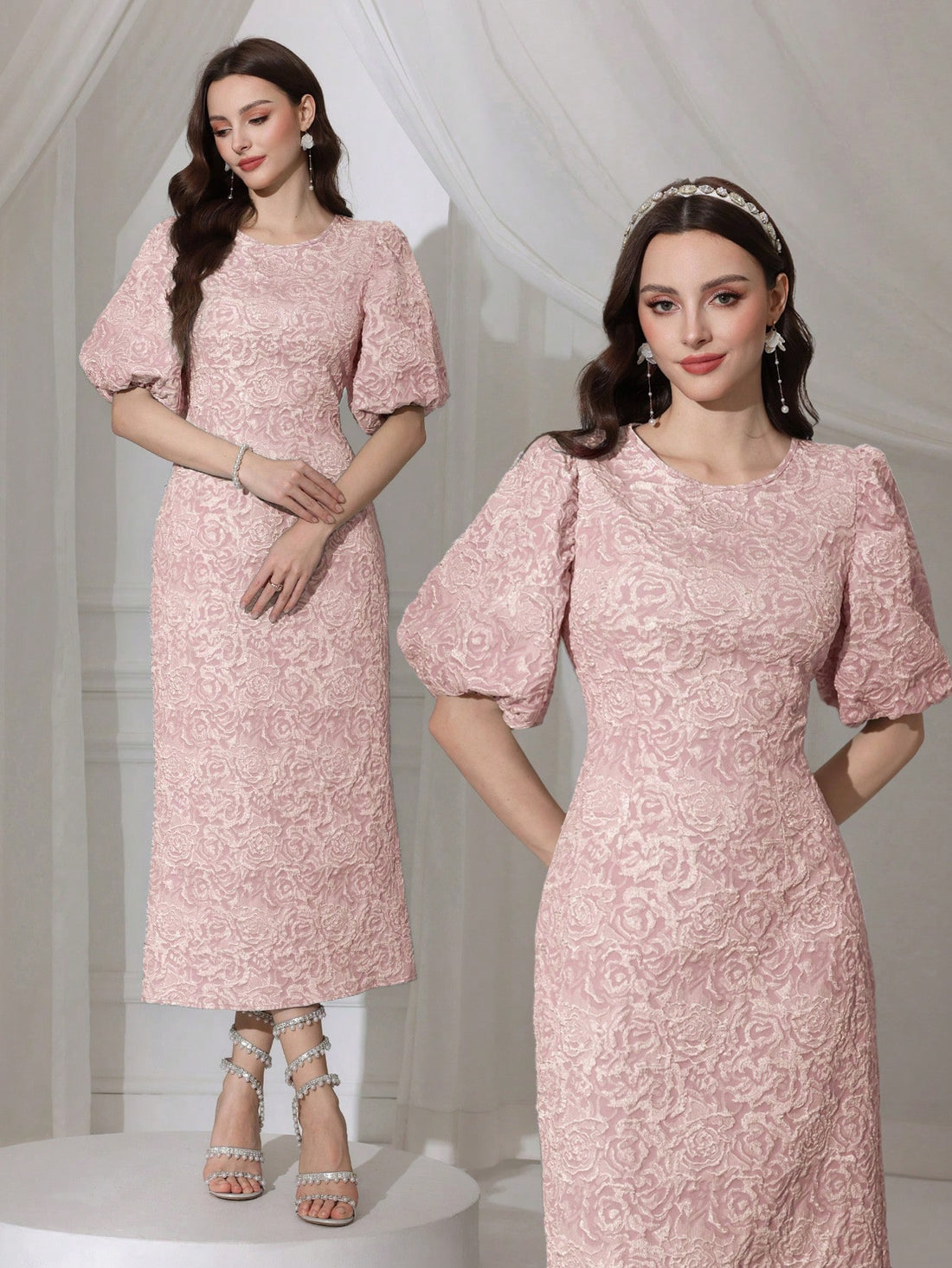 Twirl into elegance with this playful jacquard long dress! The charming puff sleeves add a touch of whimsy to the sophisticated solid color design. Perfect for making a statement at your next event or simply feeling fabulous during a night out. This dress doesn't just fit—it celebrates your style with every swish and sway!